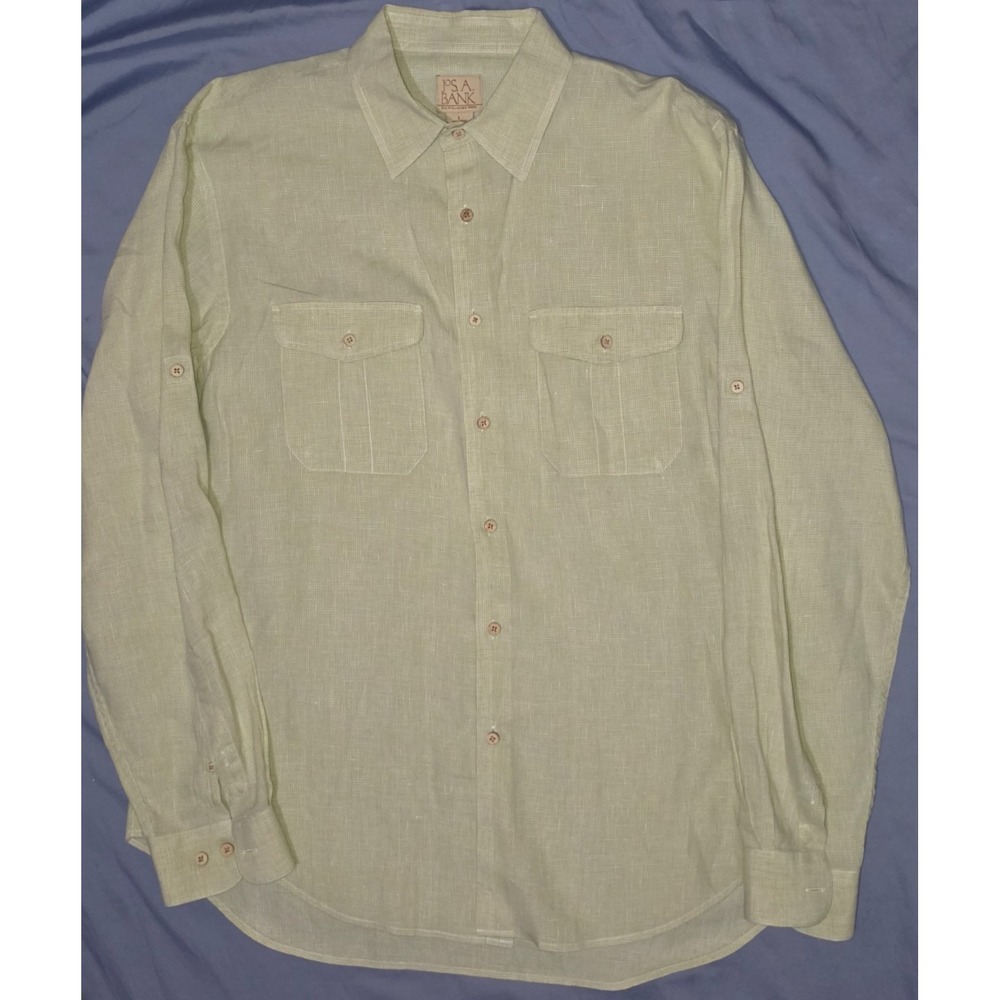 Jos A Bank Shirt Mens L Houndstooth Button Up Long Sleeve Linen Green Summer